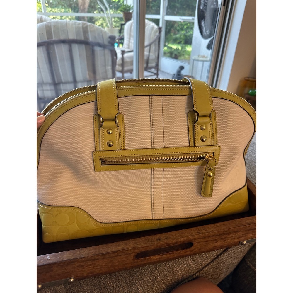 Coach Hampton Miranda 11954 Canvas Leather Satchel Ivory Lime Green Handbag EUC - Picture 6 of 16